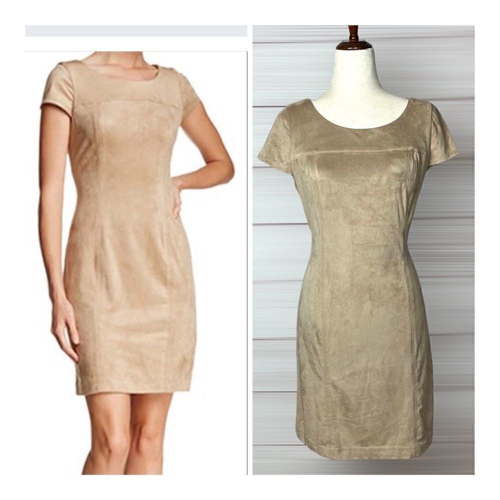 Nanette Lepore - Beige Lenox Sheath Dress, Faux Suede, Cap Sleeves, Above Knee